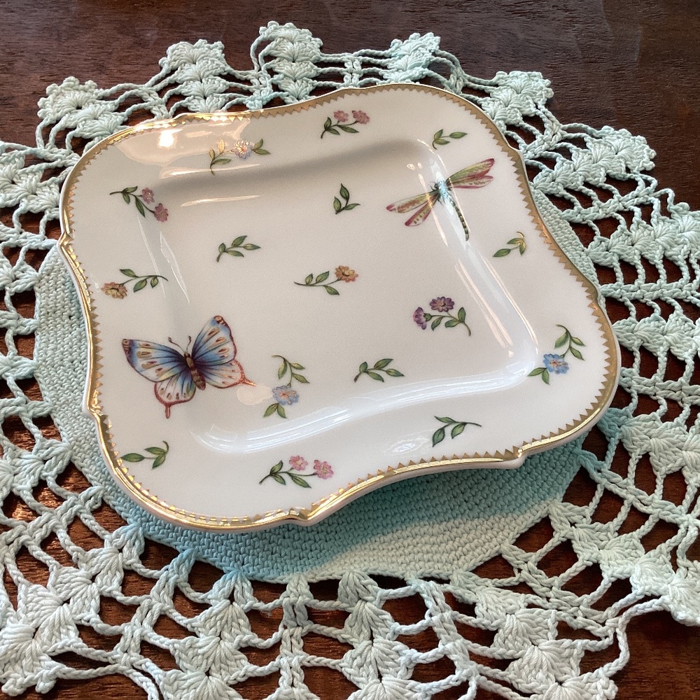 Vintage I. Godinger & Co. 7” Square Serving Dish Floral w/insects